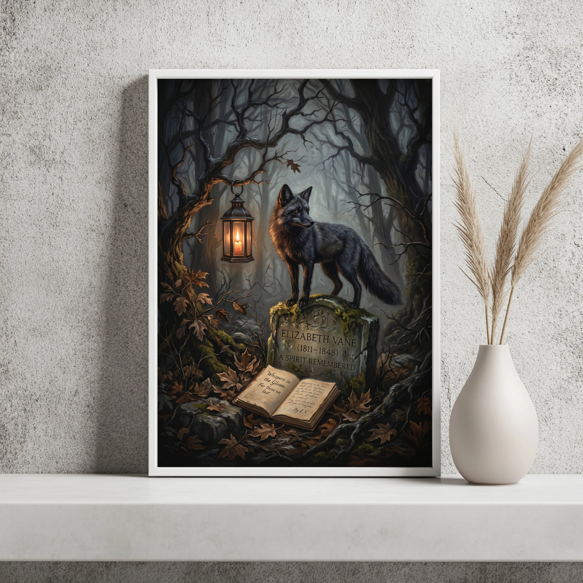 Schwarzer Wolf am alten Grab Poster – Raumansicht 2
