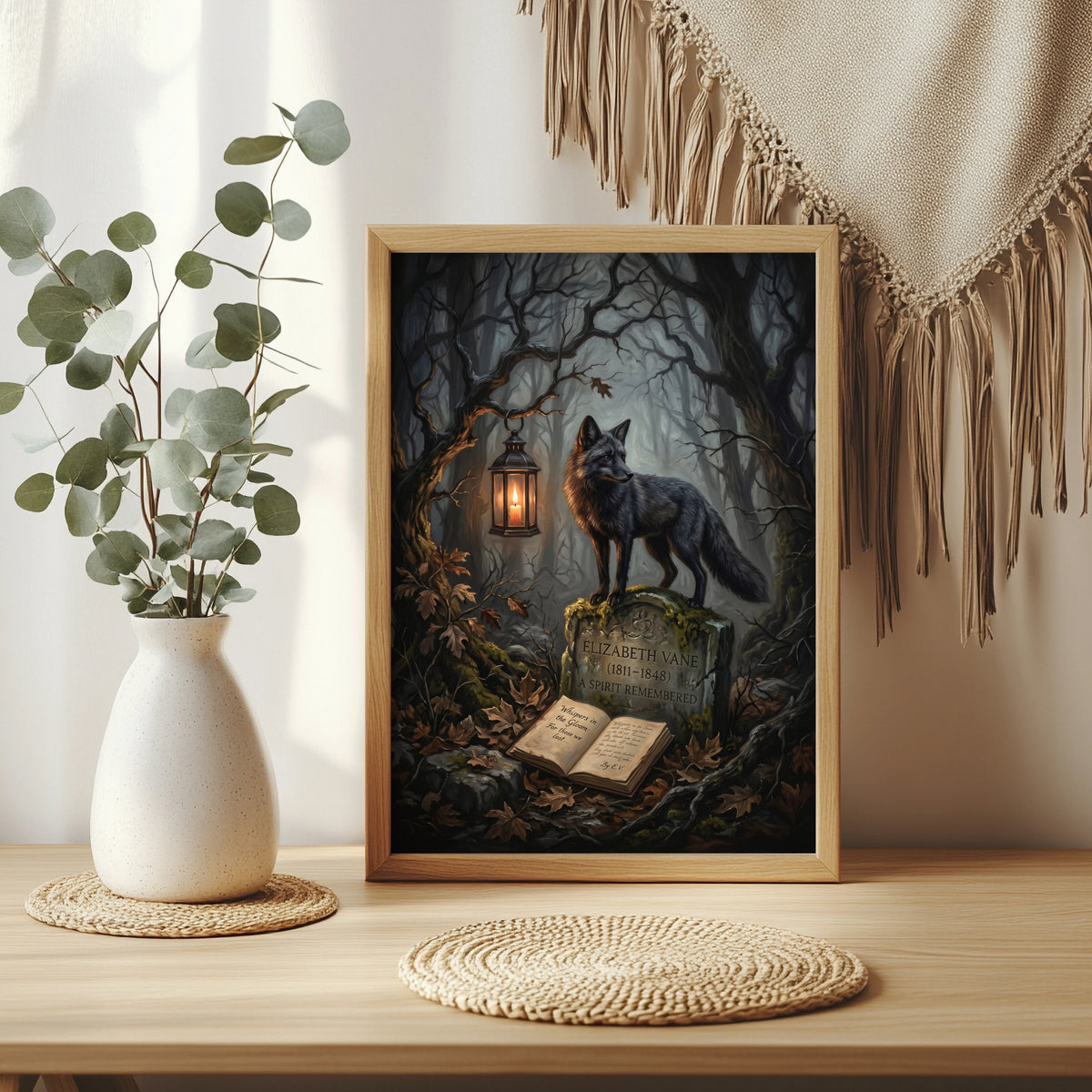 Schwarzer Wolf am alten Grab Poster – Raumansicht 3