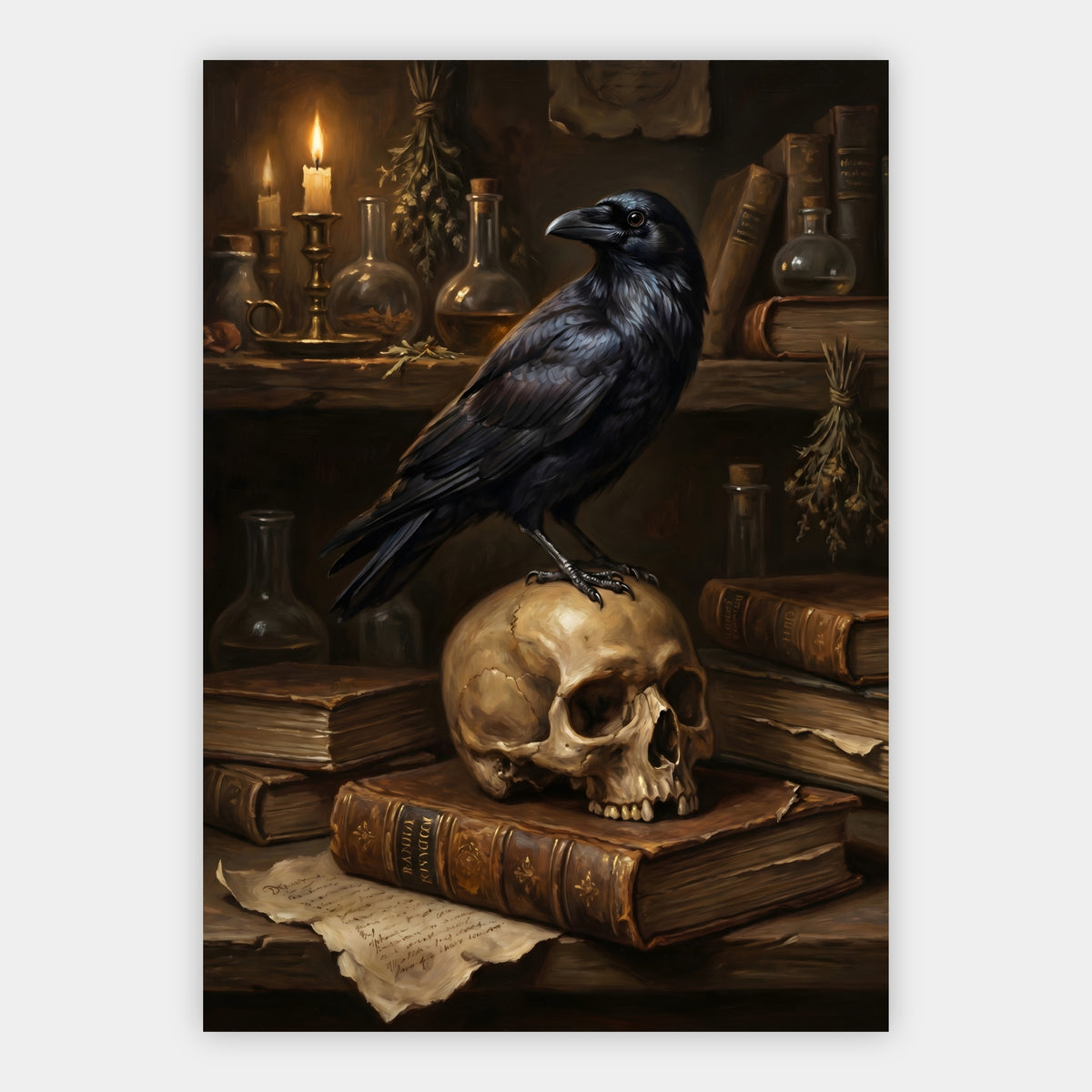 Rabe auf Totenkopf und Büchern Poster – Freisteller