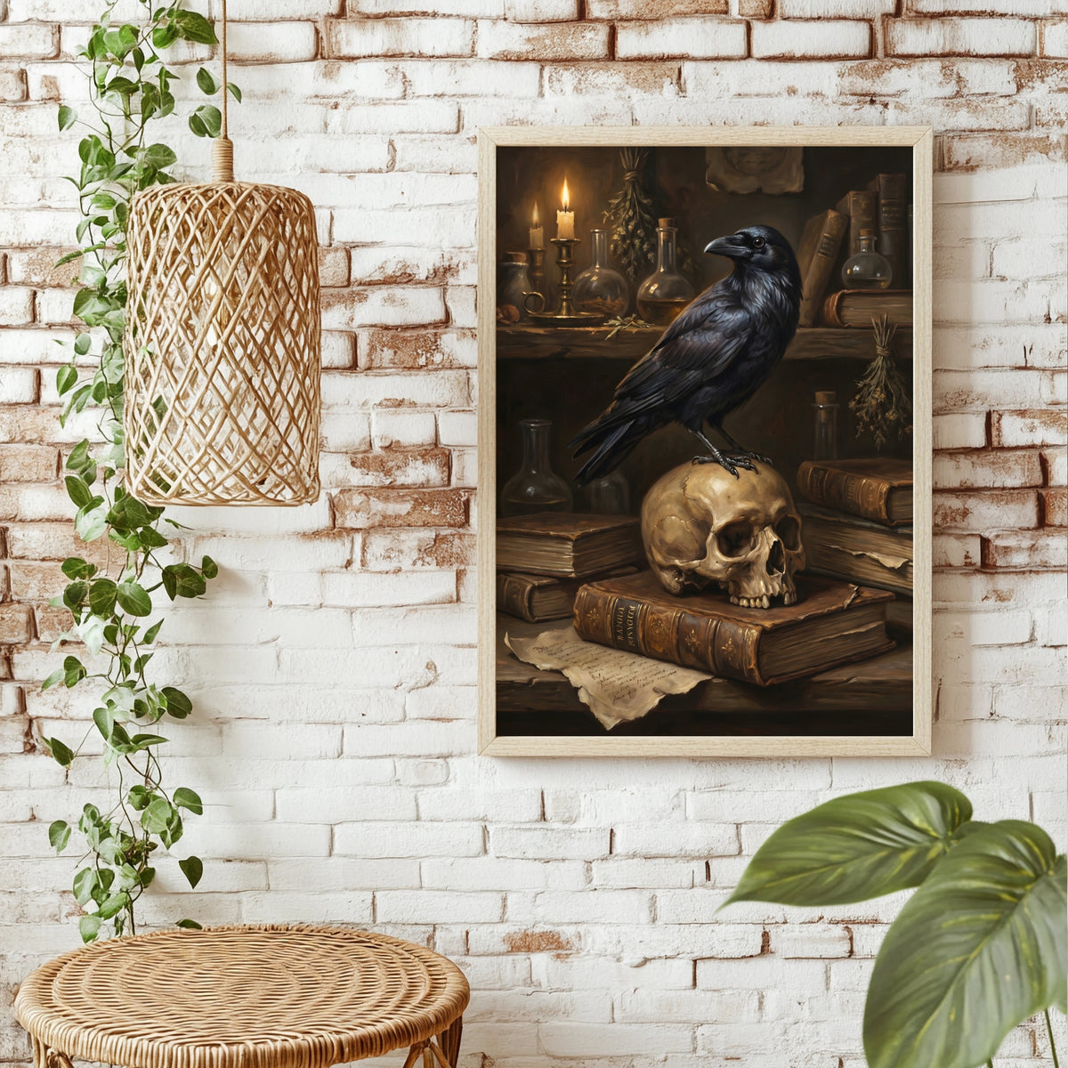 Rabe auf Totenkopf und Büchern Poster – Raumansicht 1