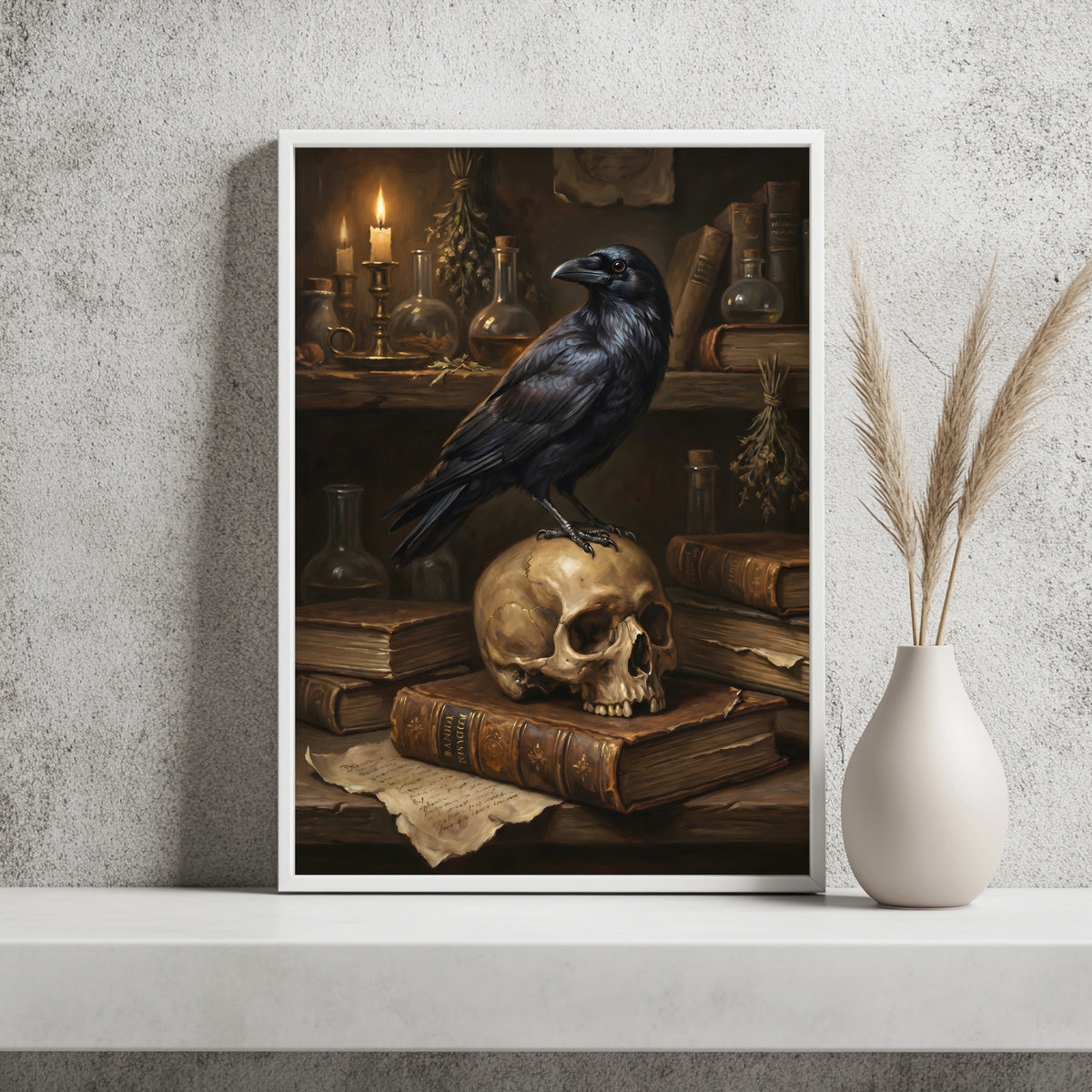Rabe auf Totenkopf und Büchern Poster – Raumansicht 2