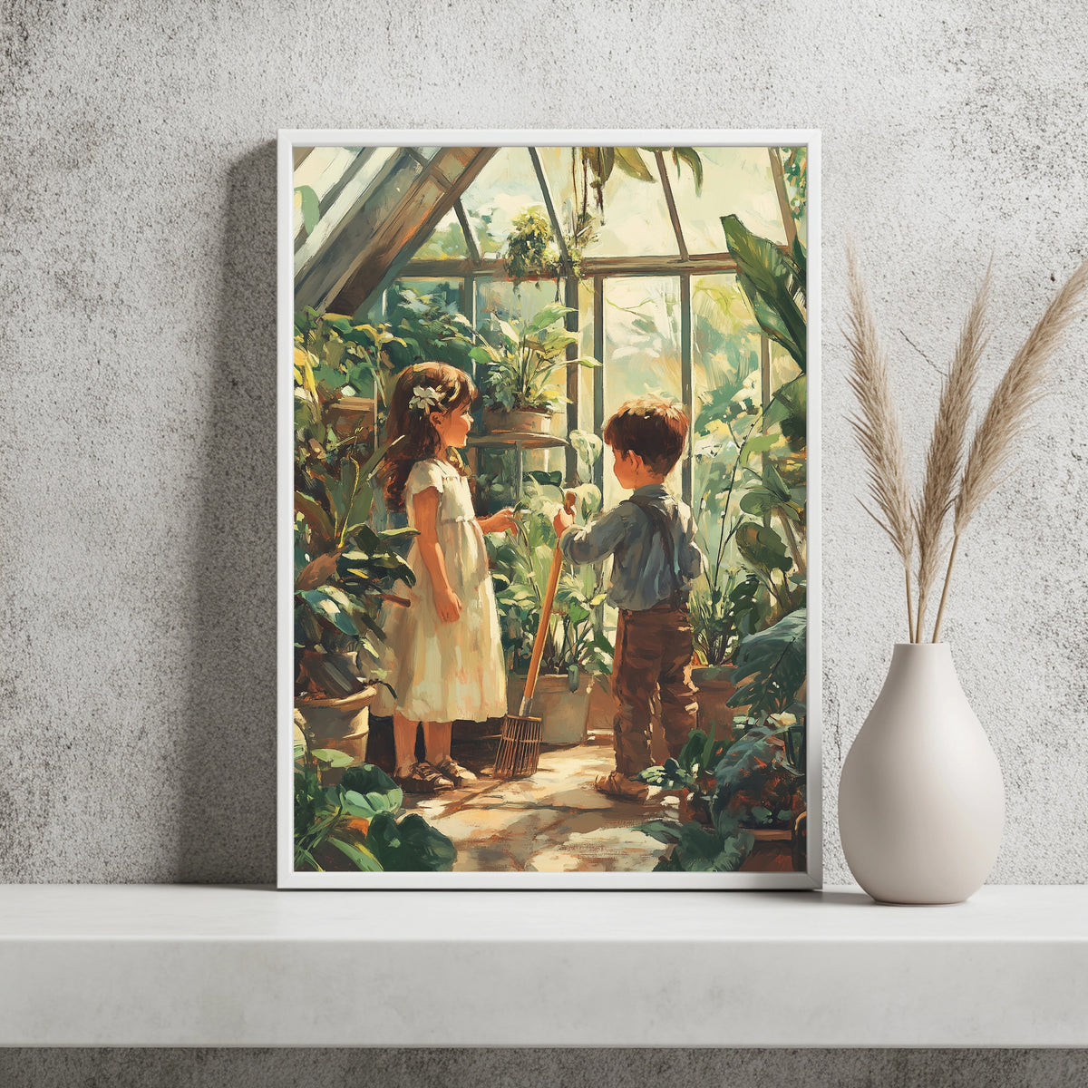 Kinder im Gewächshaus Poster – Raumansicht 2