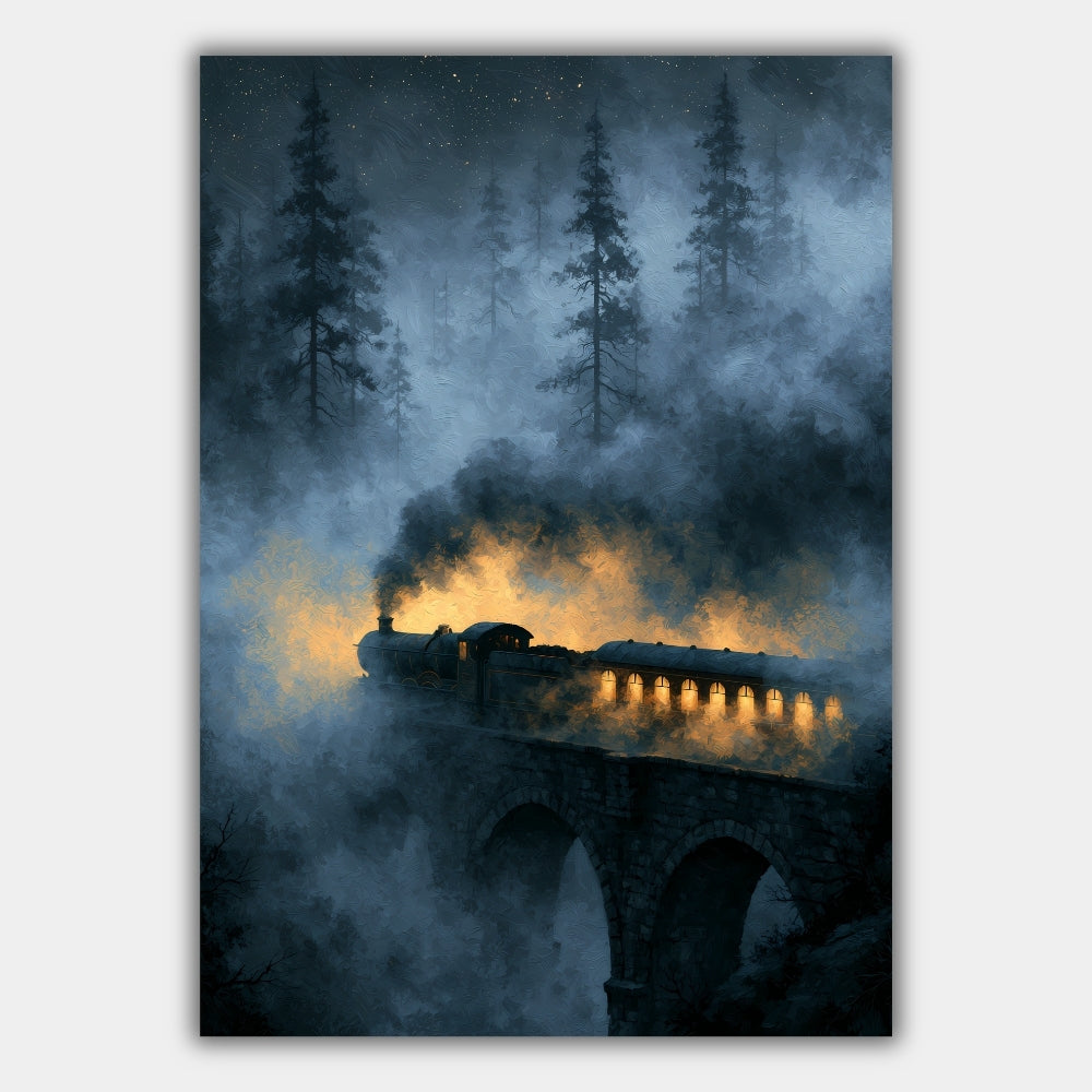 Dampfzug Brücke Nacht Fantasy Poster – Produktansicht 1