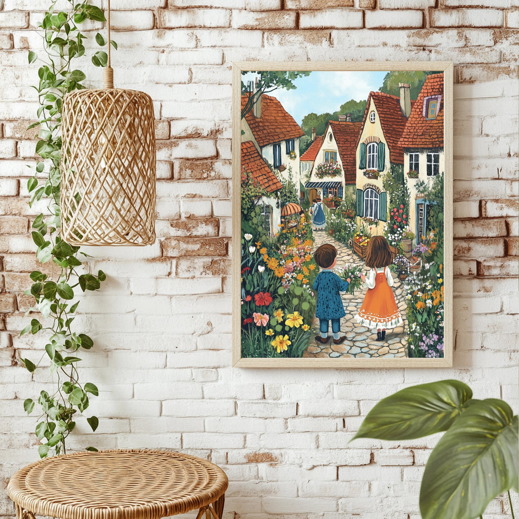 Kinder vor märchenhaften Häusern Poster – Raumansicht 1