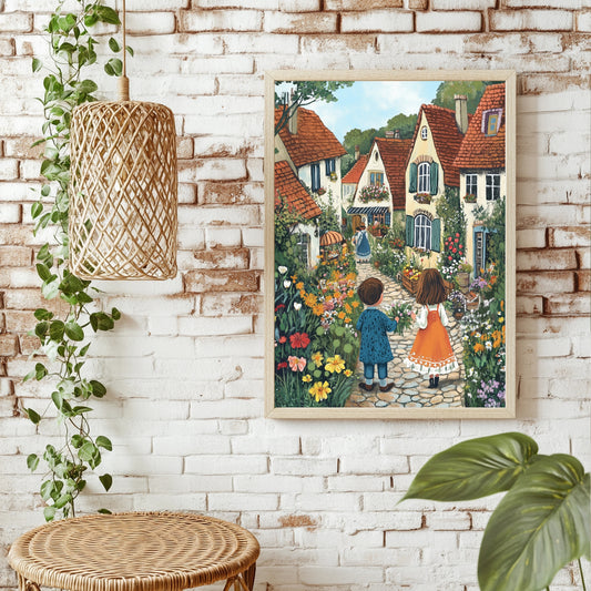 Kinder vor märchenhaften Häusern Poster – Raumansicht 1