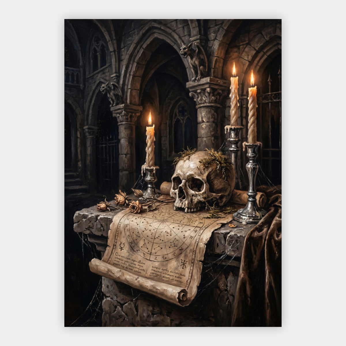 Totenkopf auf einem Kathedralaltar Poster – Freisteller