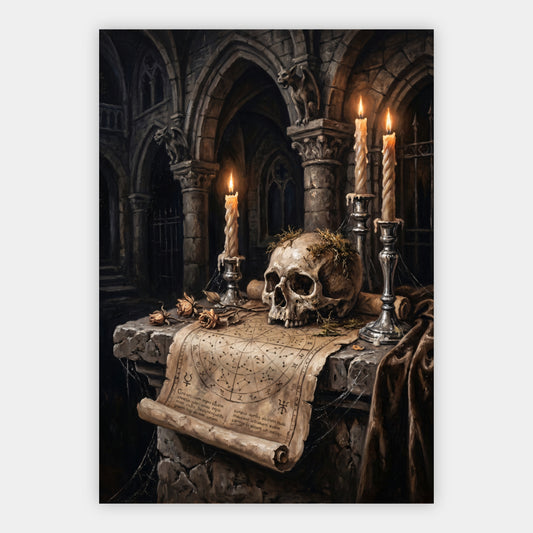 Totenkopf auf einem Kathedralaltar Poster – Freisteller
