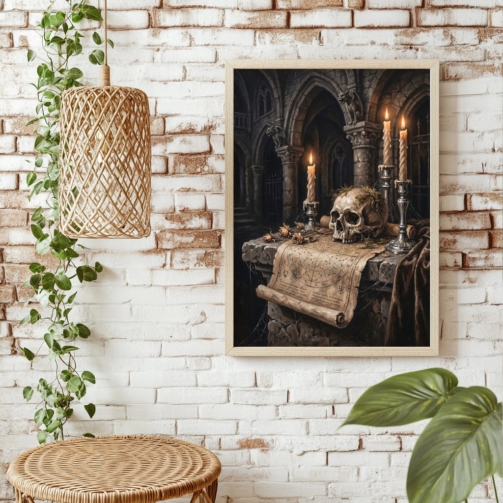 Totenkopf auf einem Kathedralaltar Poster – Raumansicht 1