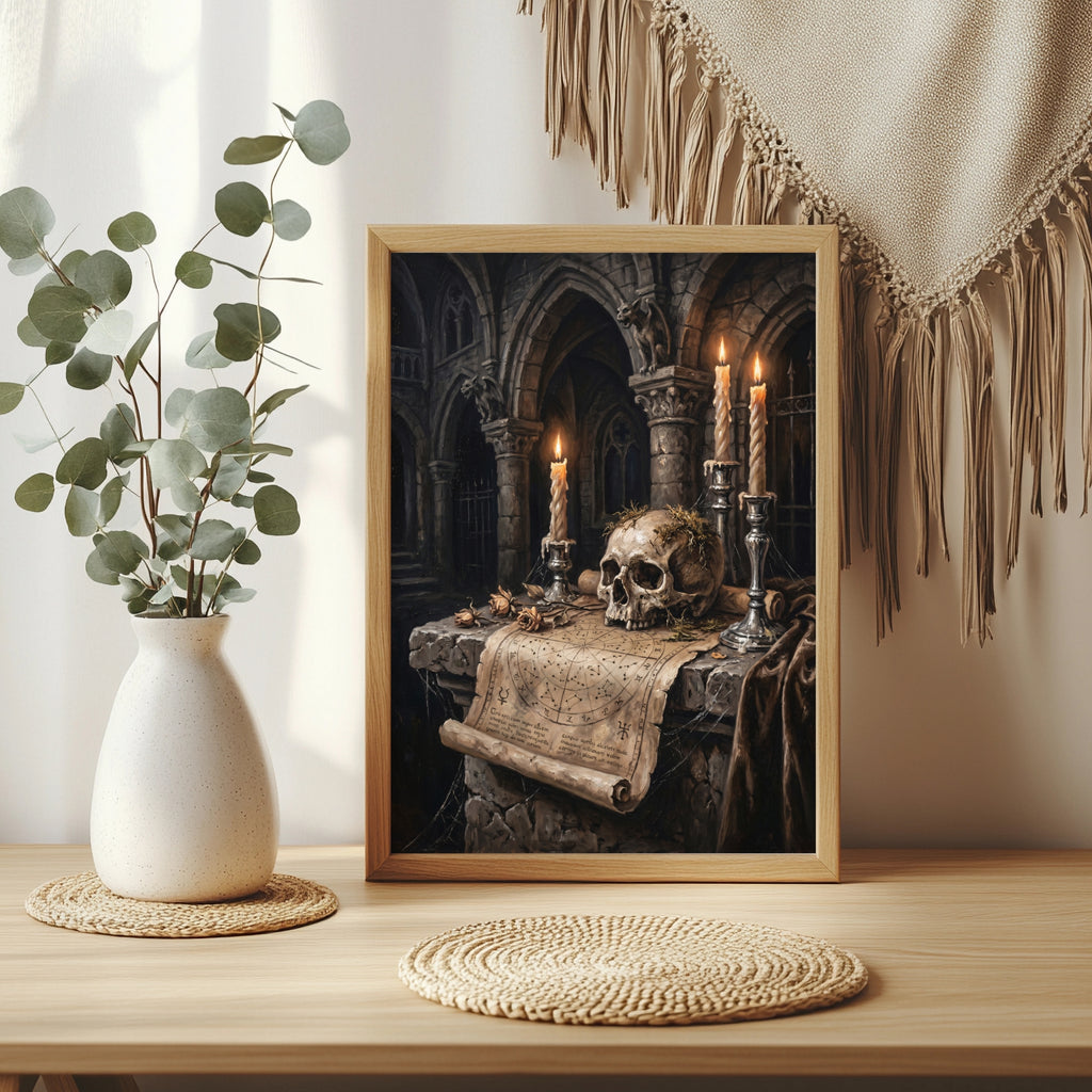 Totenkopf auf einem Kathedralaltar Poster – Raumansicht 3