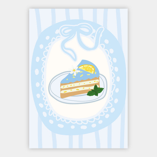 Zitronenkuchen auf blauem Teller Poster – Freisteller