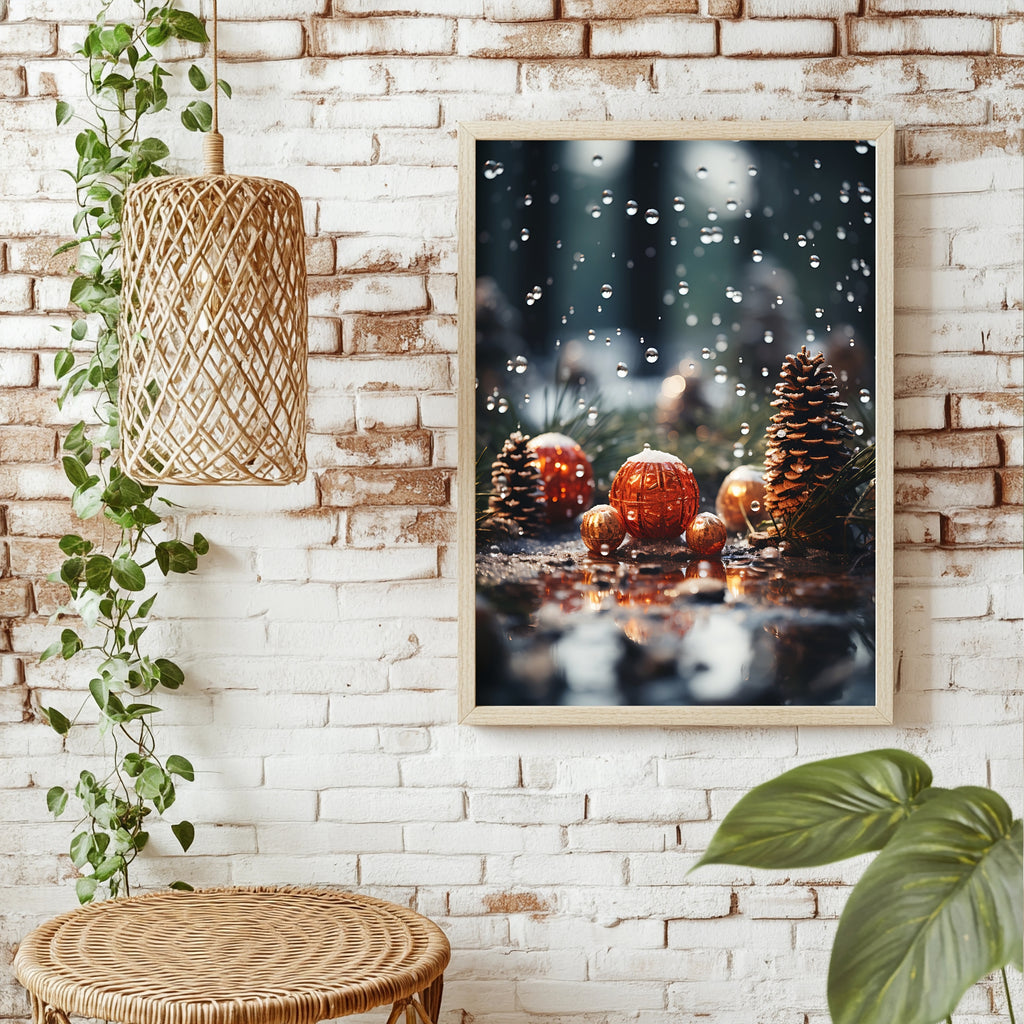 Christbaumkugeln zwischen Tannenzapfen Poster – Raumansicht 1