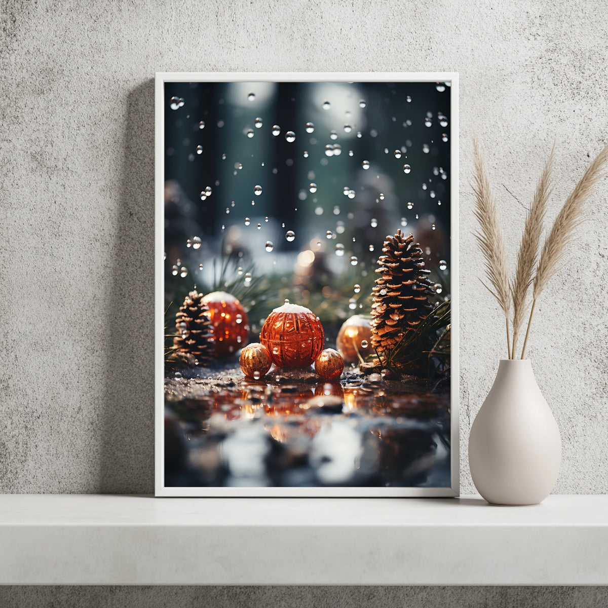 Christbaumkugeln zwischen Tannenzapfen Poster – Raumansicht 2