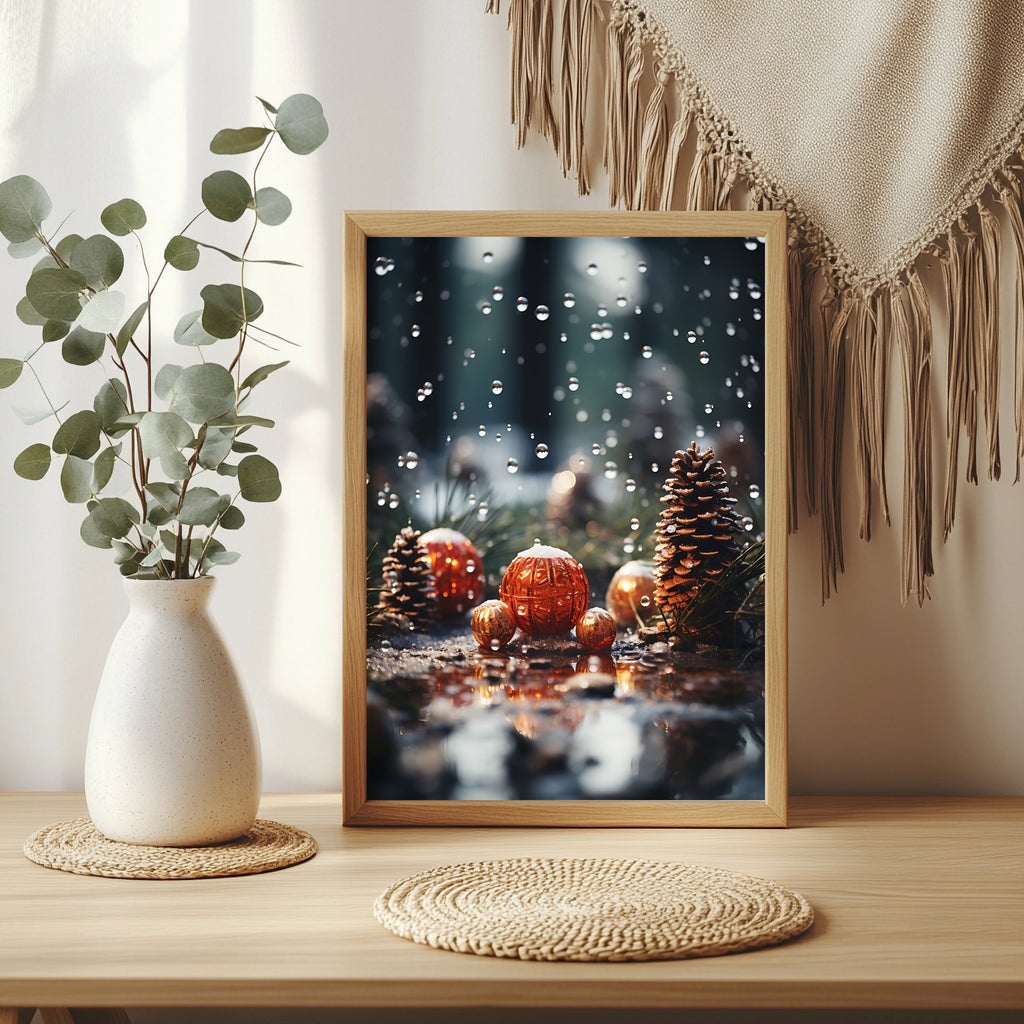 Christbaumkugeln zwischen Tannenzapfen Poster – Raumansicht 3