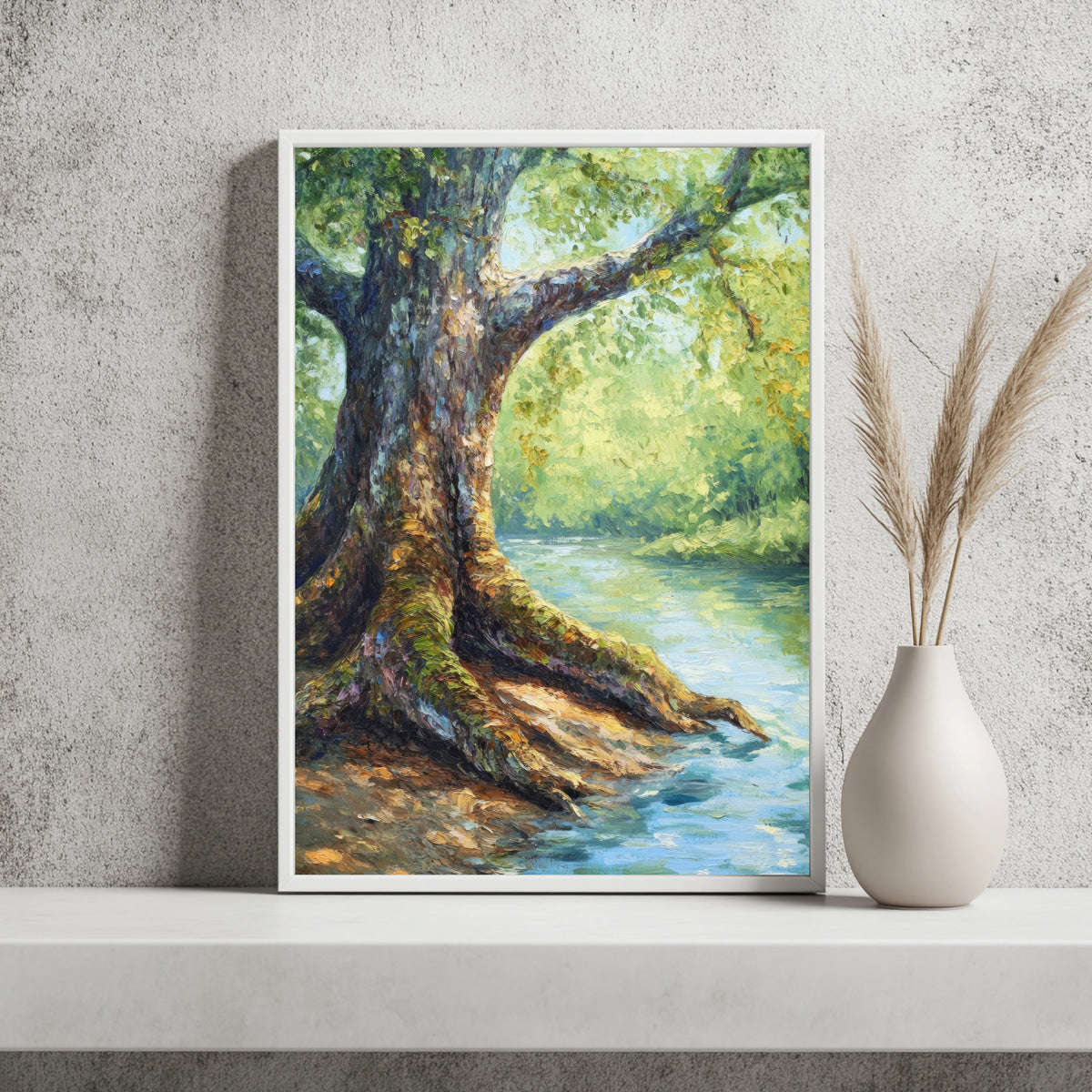 Alter Baum am Flussufer Poster – Raumansicht 2