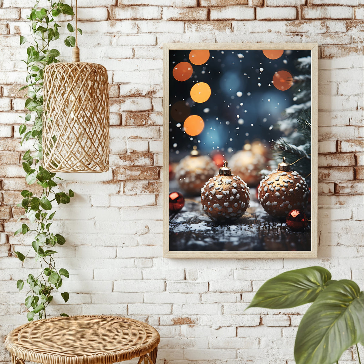 Verschneite Christbaumkugeln Poster – Raumansicht 1
