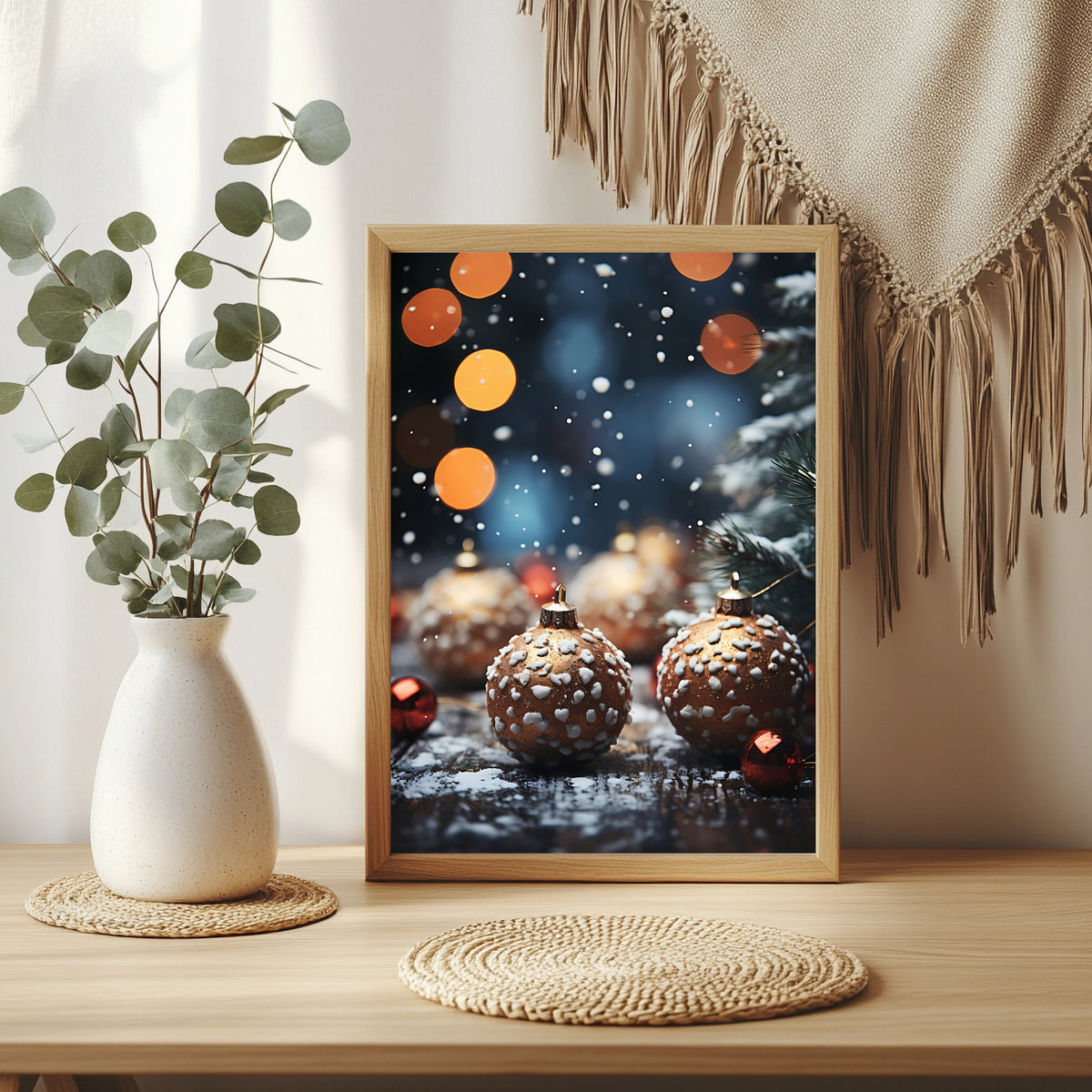 Verschneite Christbaumkugeln Poster – Raumansicht 3