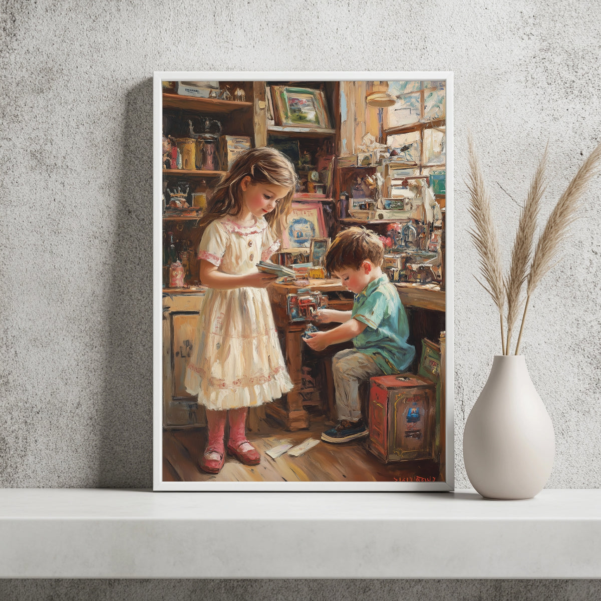 Kinder im alten Spielzeugladen Poster – Raumansicht 2