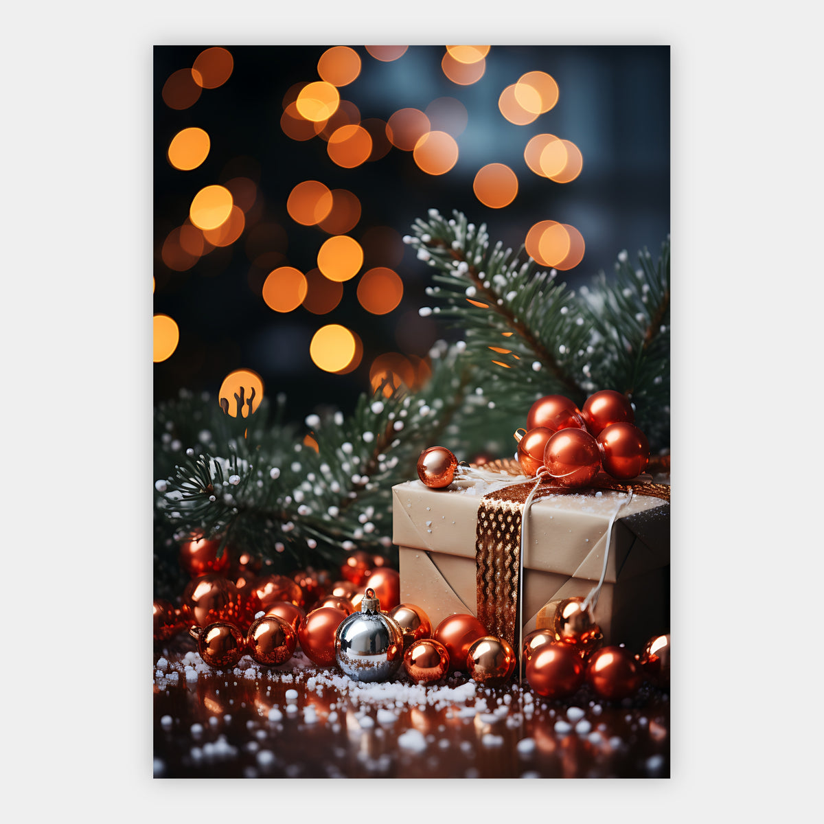 Geschenk zwischen Christbaumkugeln Poster – Freisteller