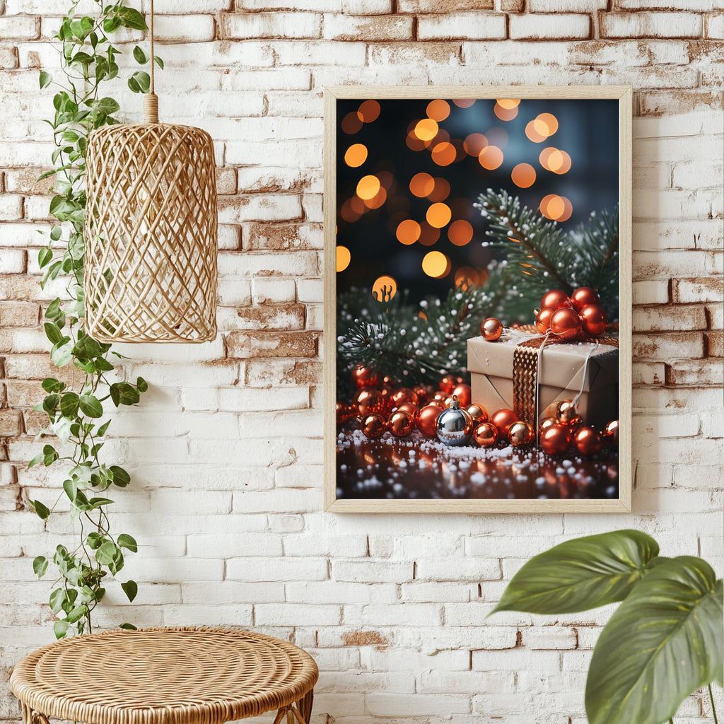 Geschenk zwischen Christbaumkugeln Poster – Raumansicht 1