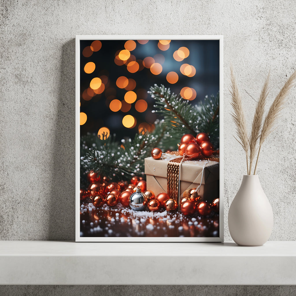 Geschenk zwischen Christbaumkugeln Poster – Raumansicht 2