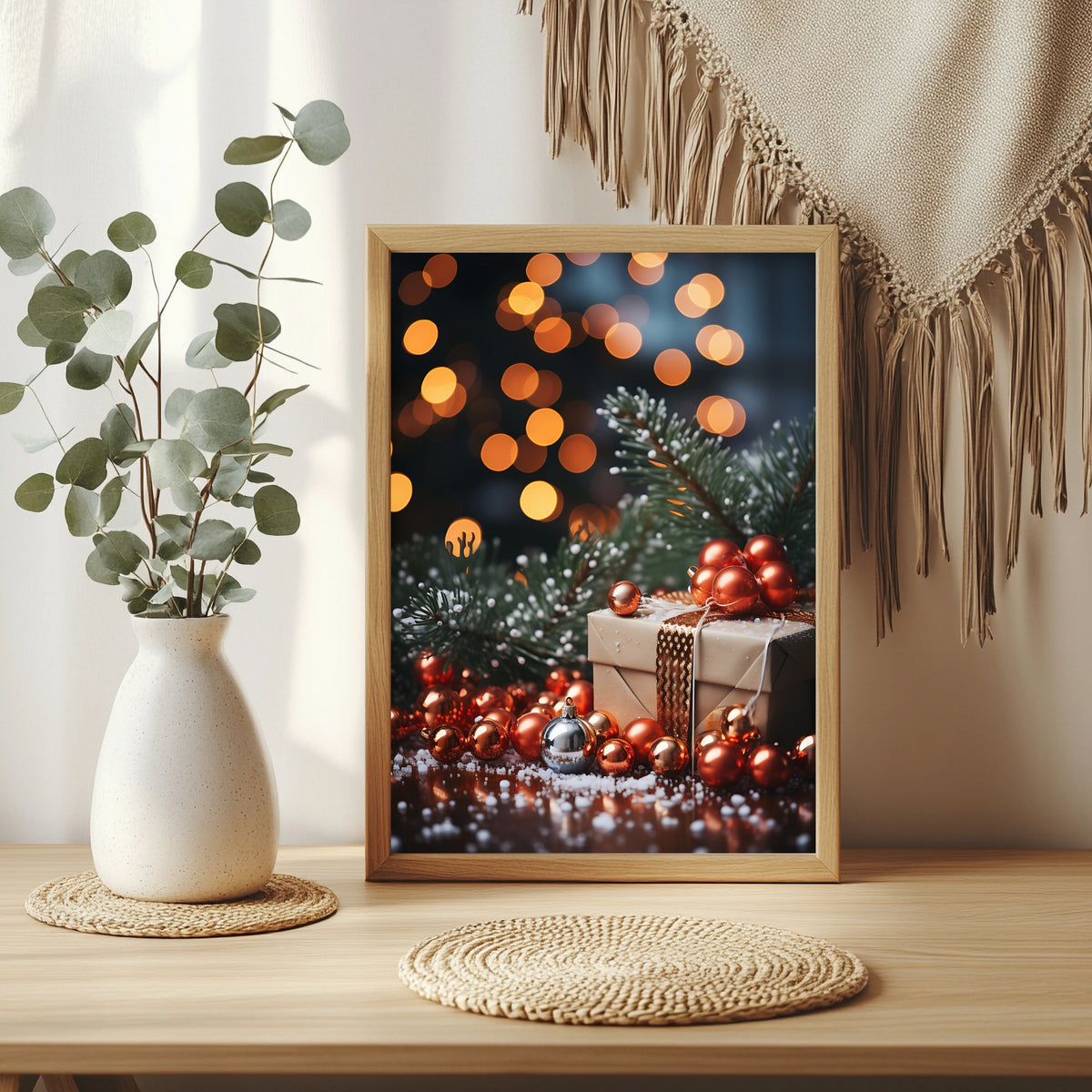 Geschenk zwischen Christbaumkugeln Poster – Raumansicht 3