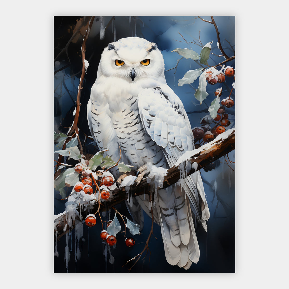 Schneeeule auf einem Beerzweig Poster – Freisteller