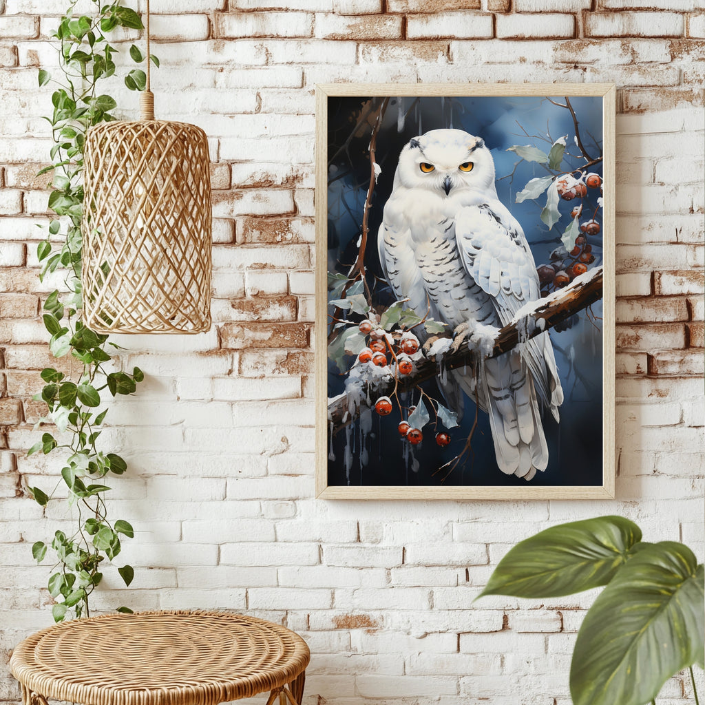 Schneeeule auf einem Beerzweig Poster – Raumansicht 1