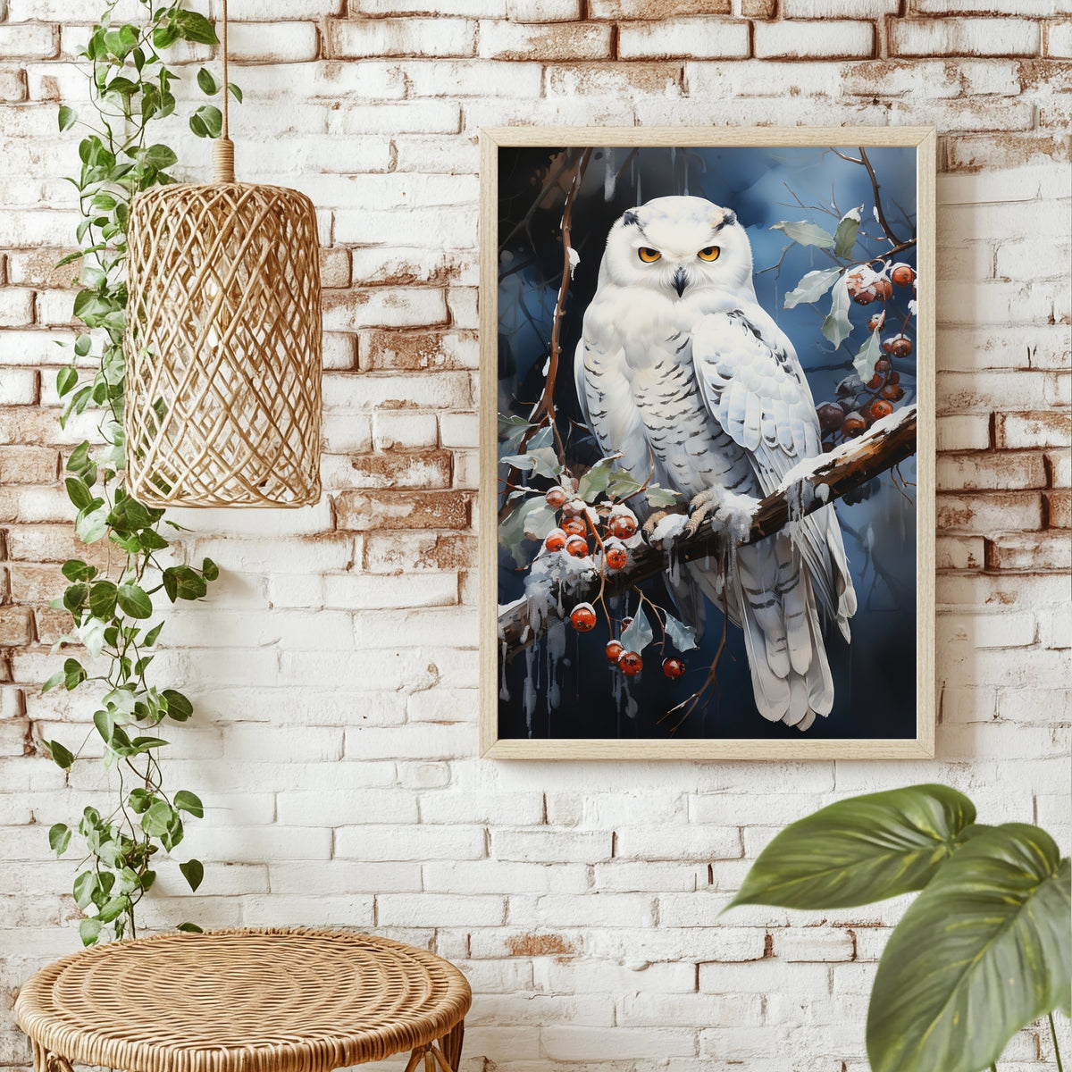 Schneeeule auf einem Beerzweig Poster – Raumansicht 1