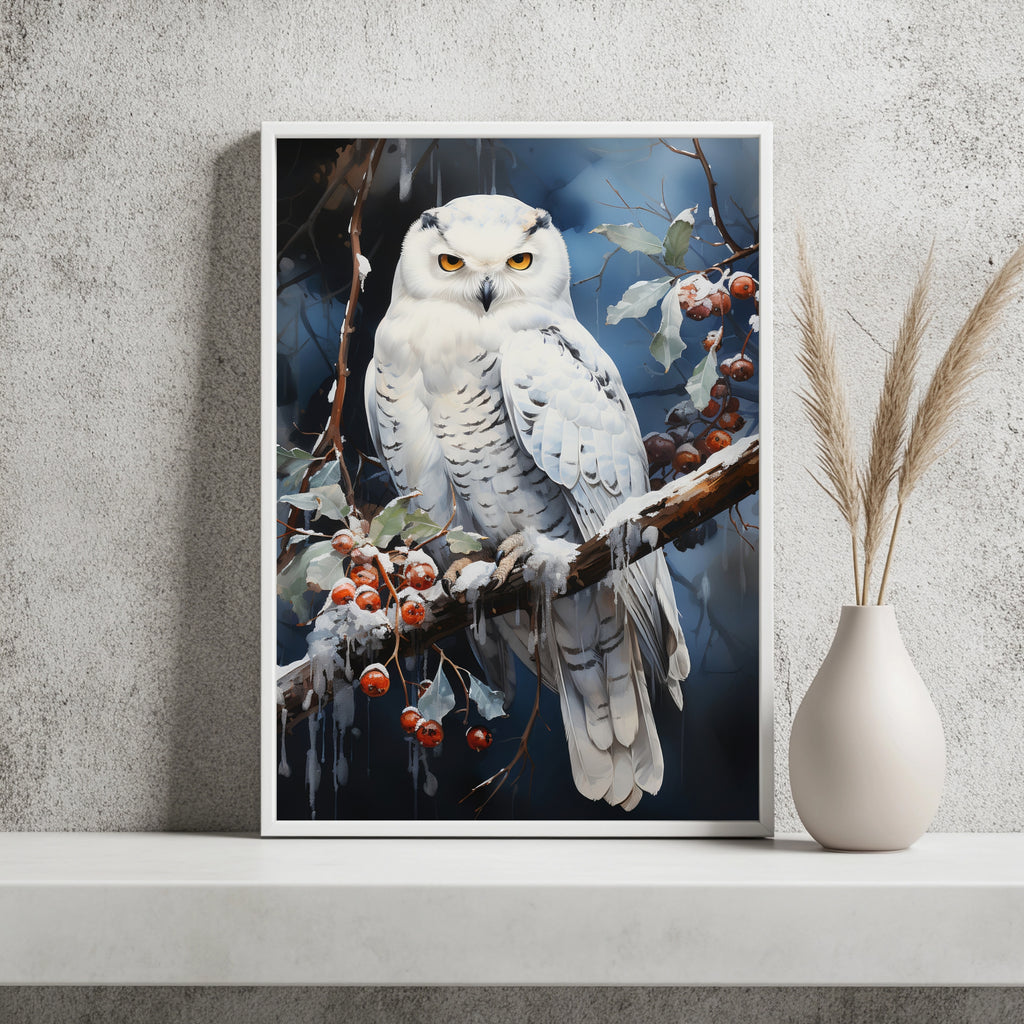Schneeeule auf einem Beerzweig Poster – Raumansicht 2