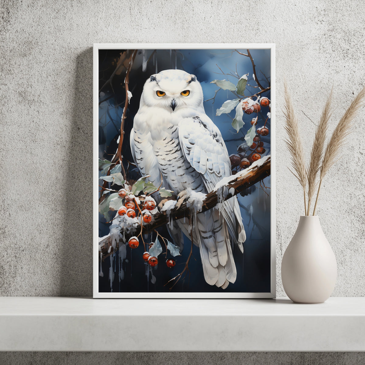 Schneeeule auf einem Beerzweig Poster – Raumansicht 2