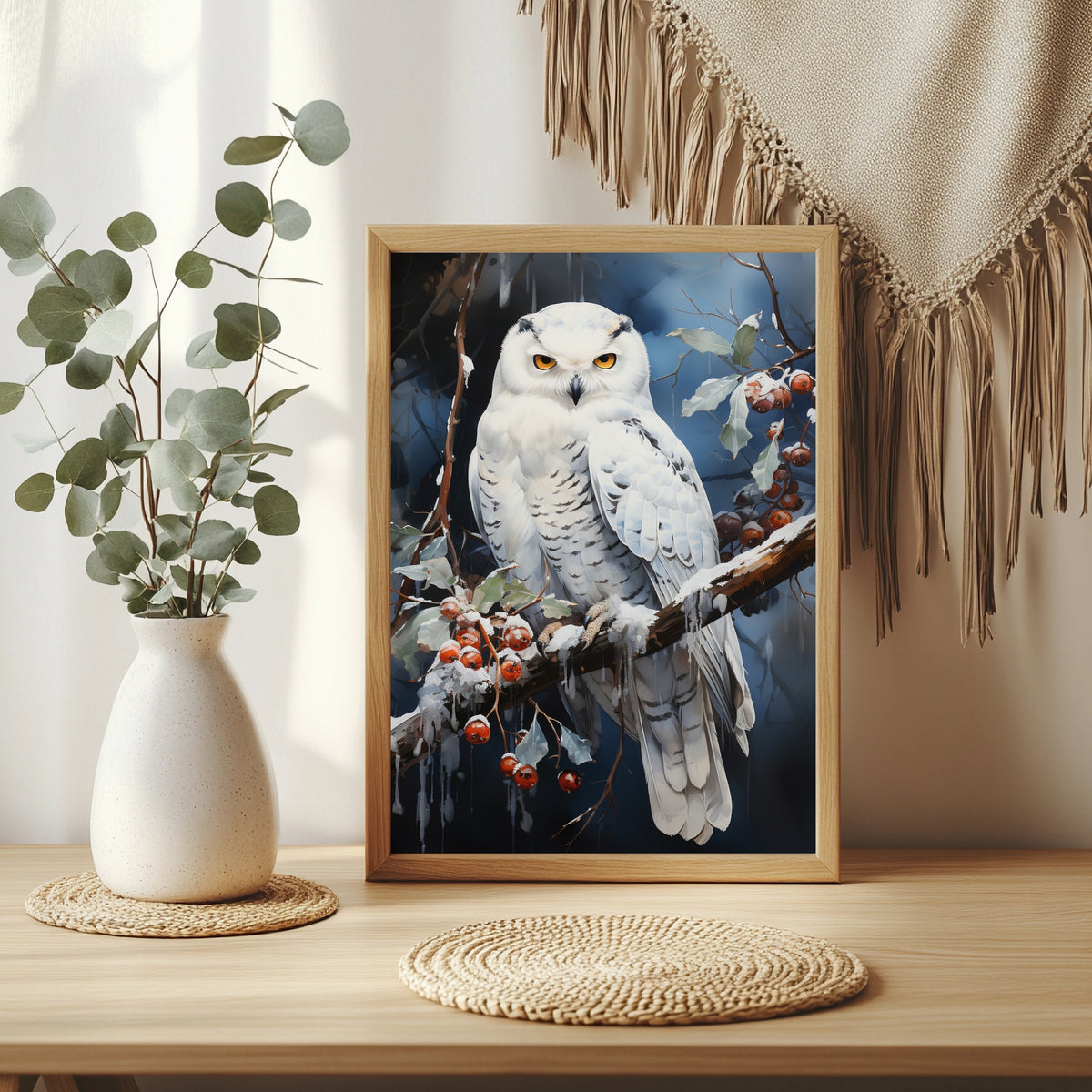 Schneeeule auf einem Beerzweig Poster – Raumansicht 3