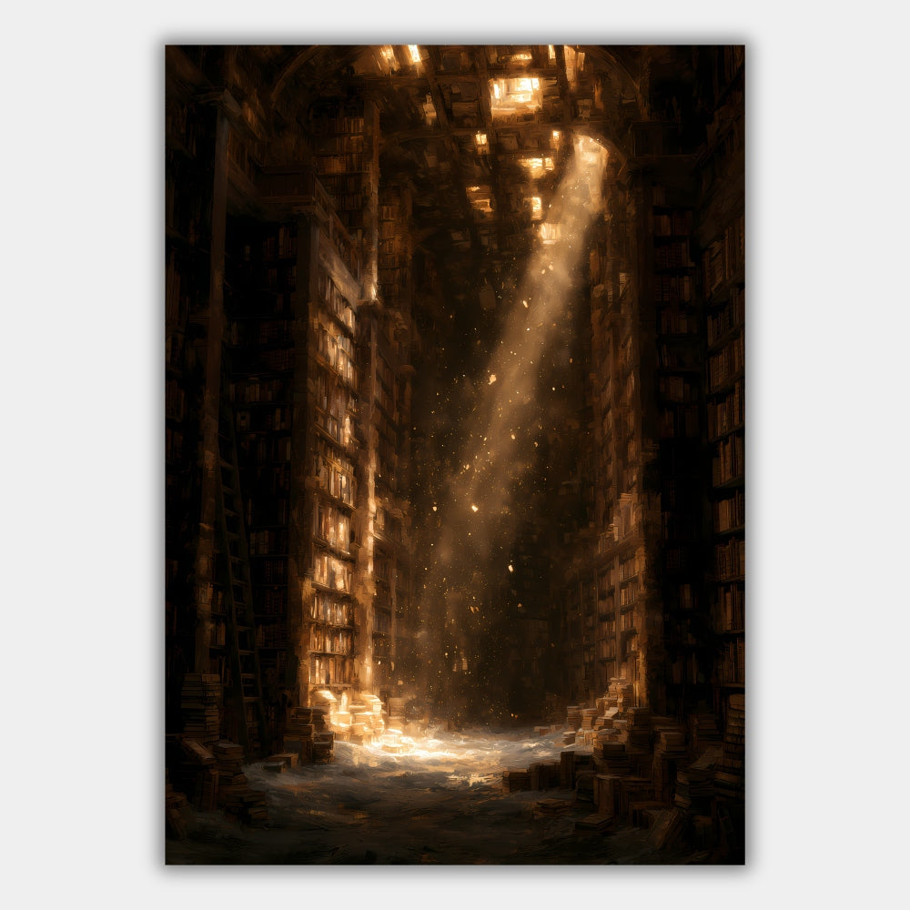 Lichtstrahl in alter Bibliothek Poster – Produktansicht 1