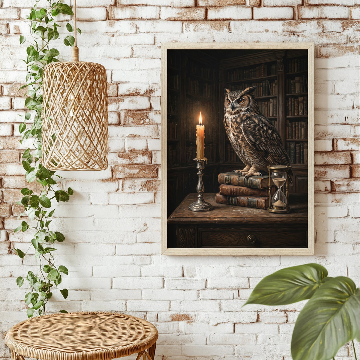 Eule in alter Bibliothek Poster – Raumansicht 1