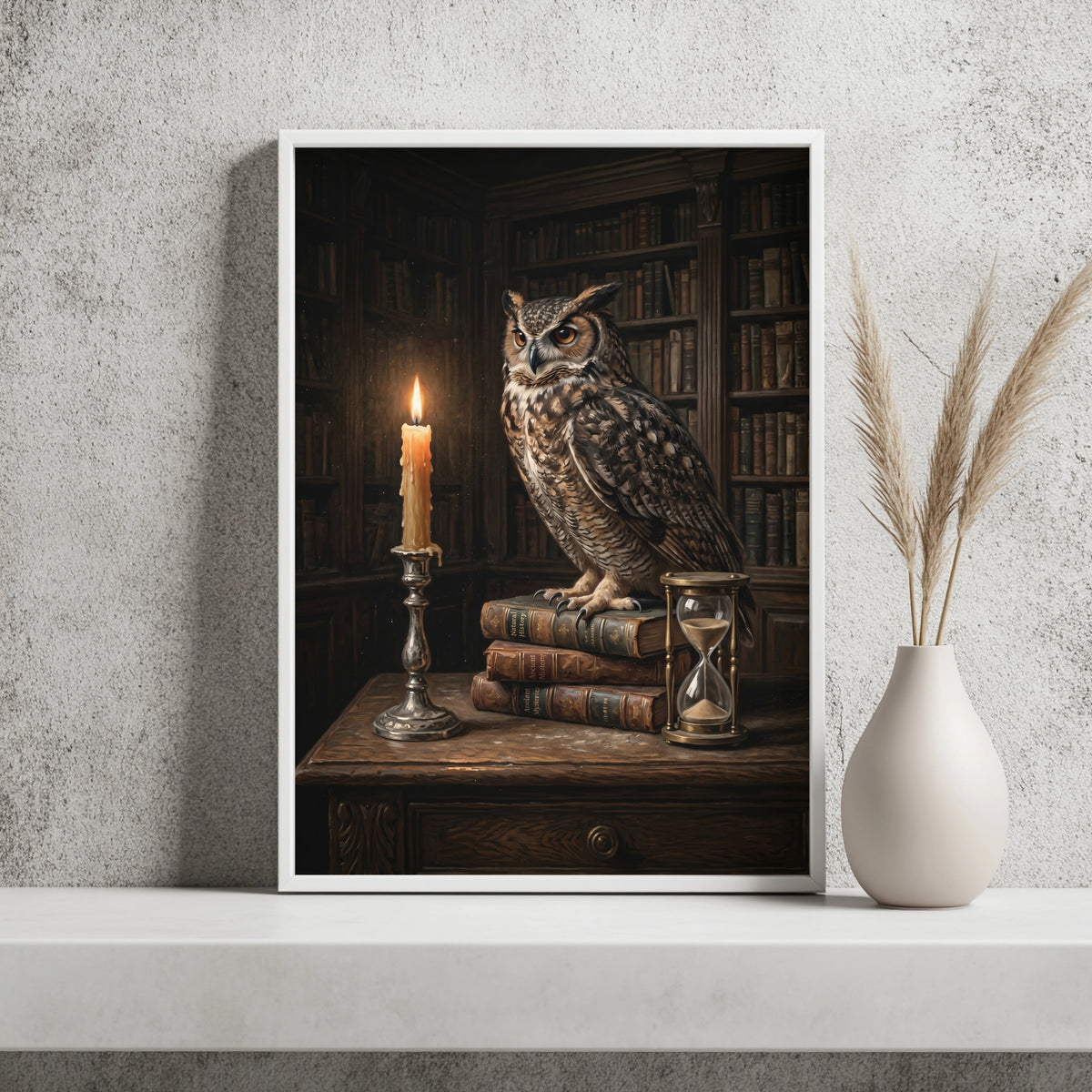 Eule in alter Bibliothek Poster – Raumansicht 2