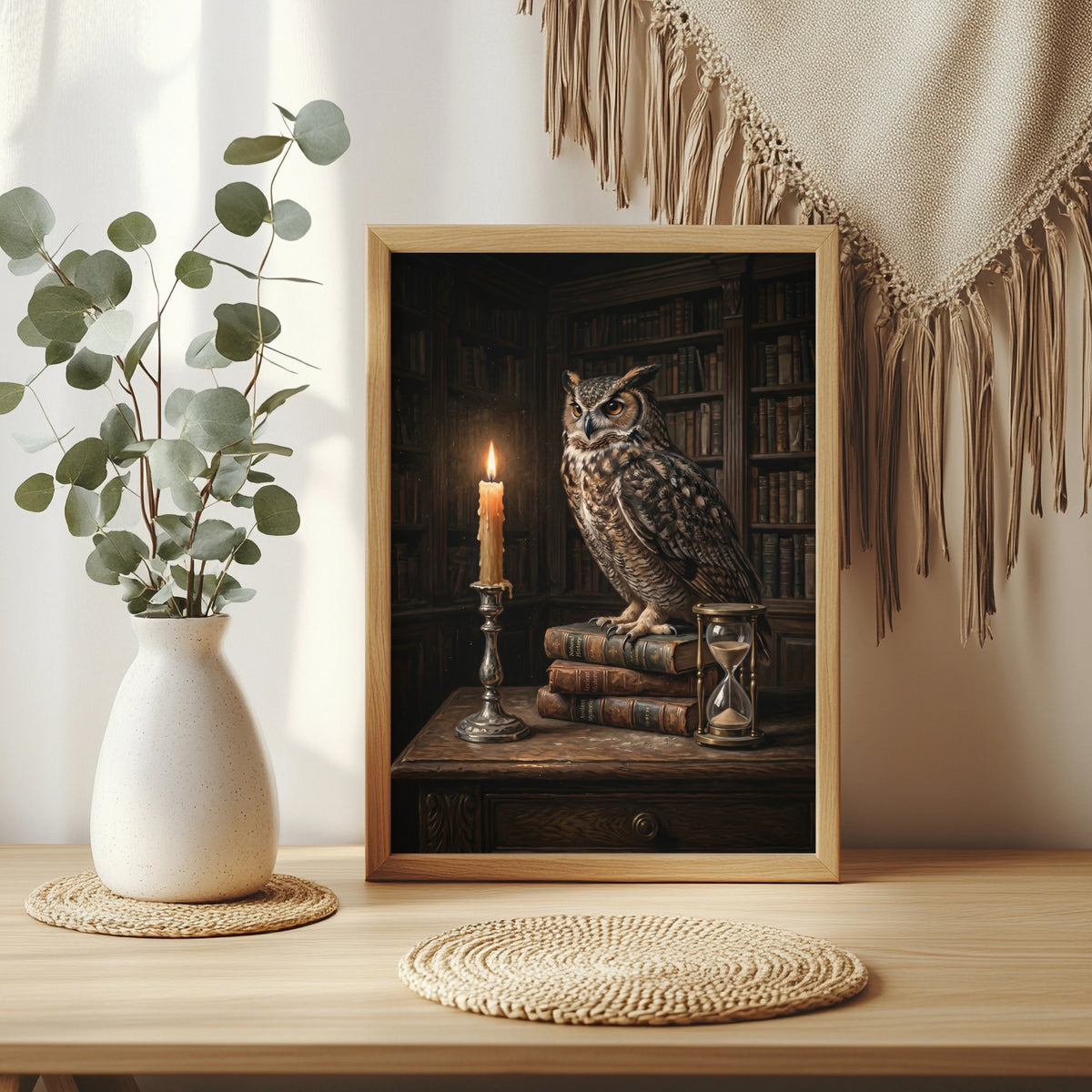 Eule in alter Bibliothek Poster – Raumansicht 3