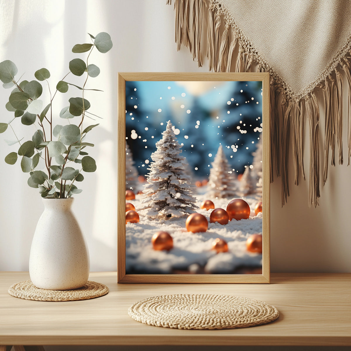 Weiße Tannen mit goldenen Kugeln Poster – Raumansicht 3