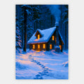 Verschneite Hütte im blauen Wald Poster – Freisteller