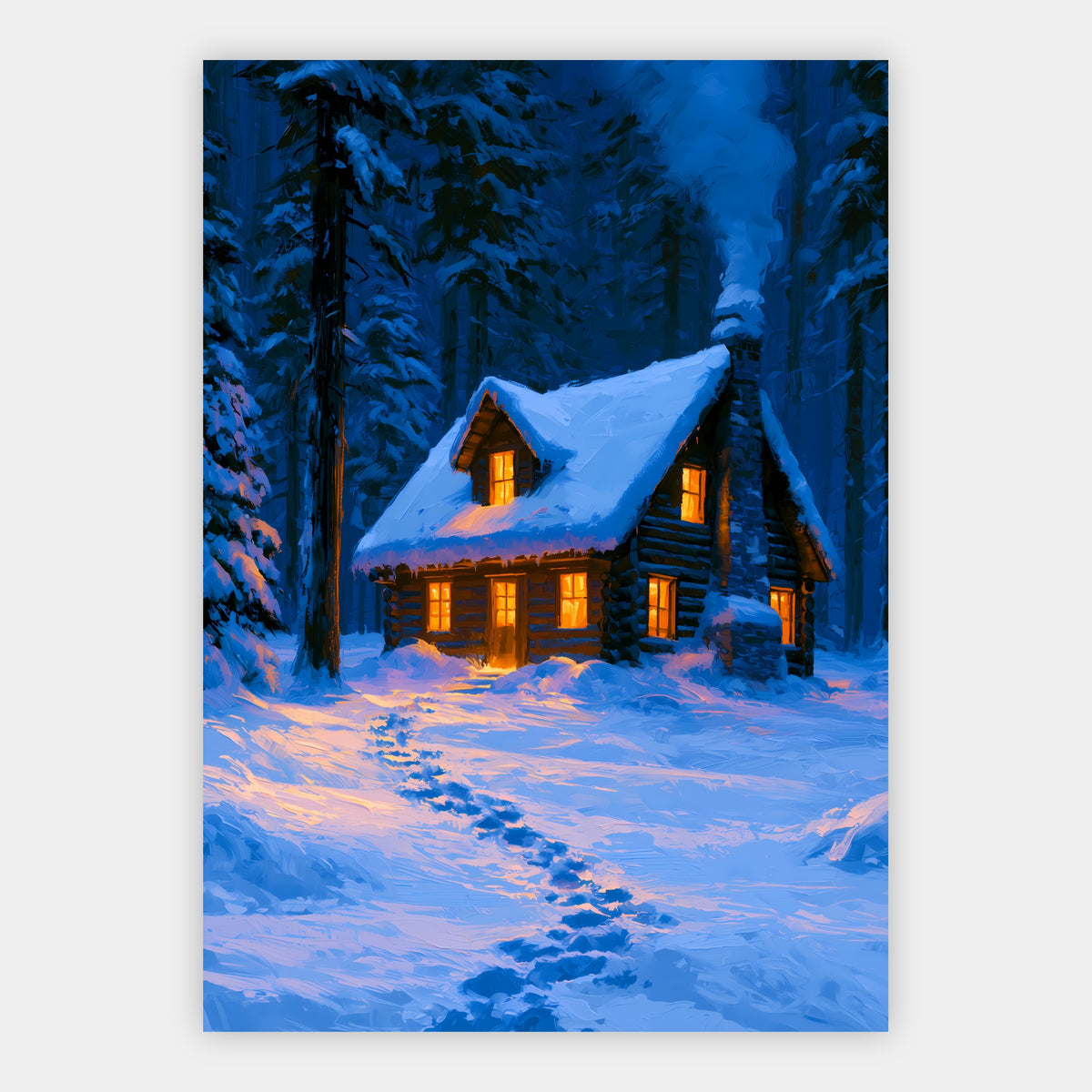 Verschneite Hütte im blauen Wald Poster – Freisteller