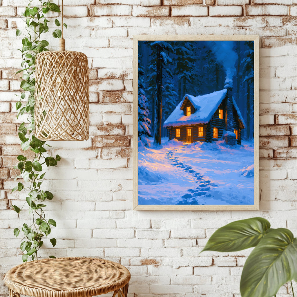 Verschneite Hütte im blauen Wald Poster – Raumansicht 1