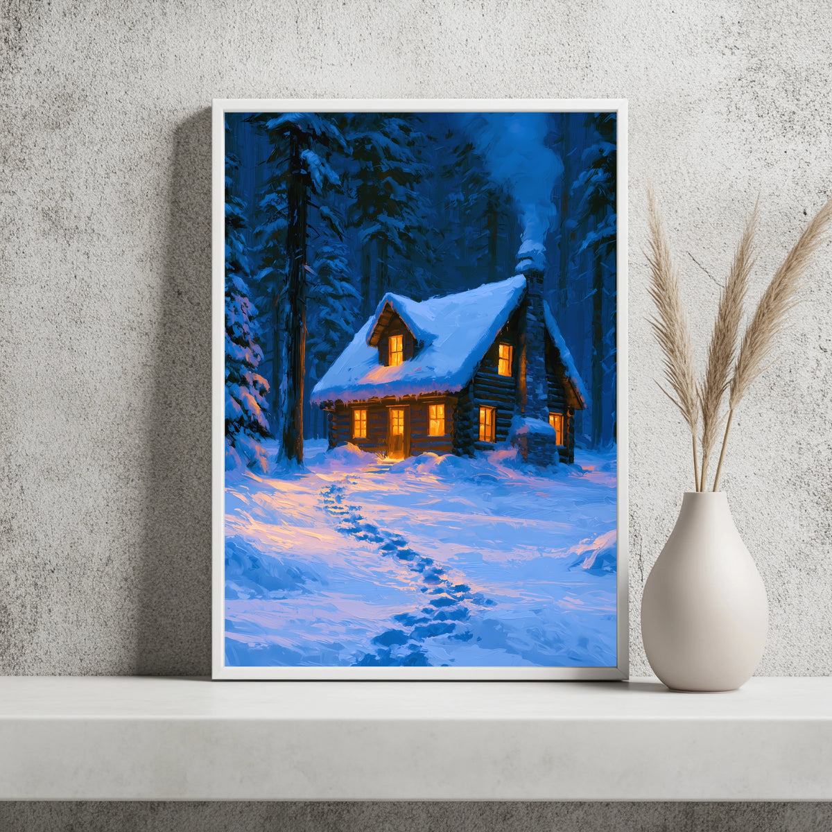 Verschneite Hütte im blauen Wald Poster – Raumansicht 2