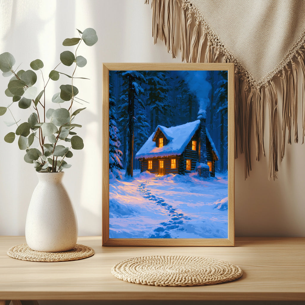 Verschneite Hütte im blauen Wald Poster – Raumansicht 3