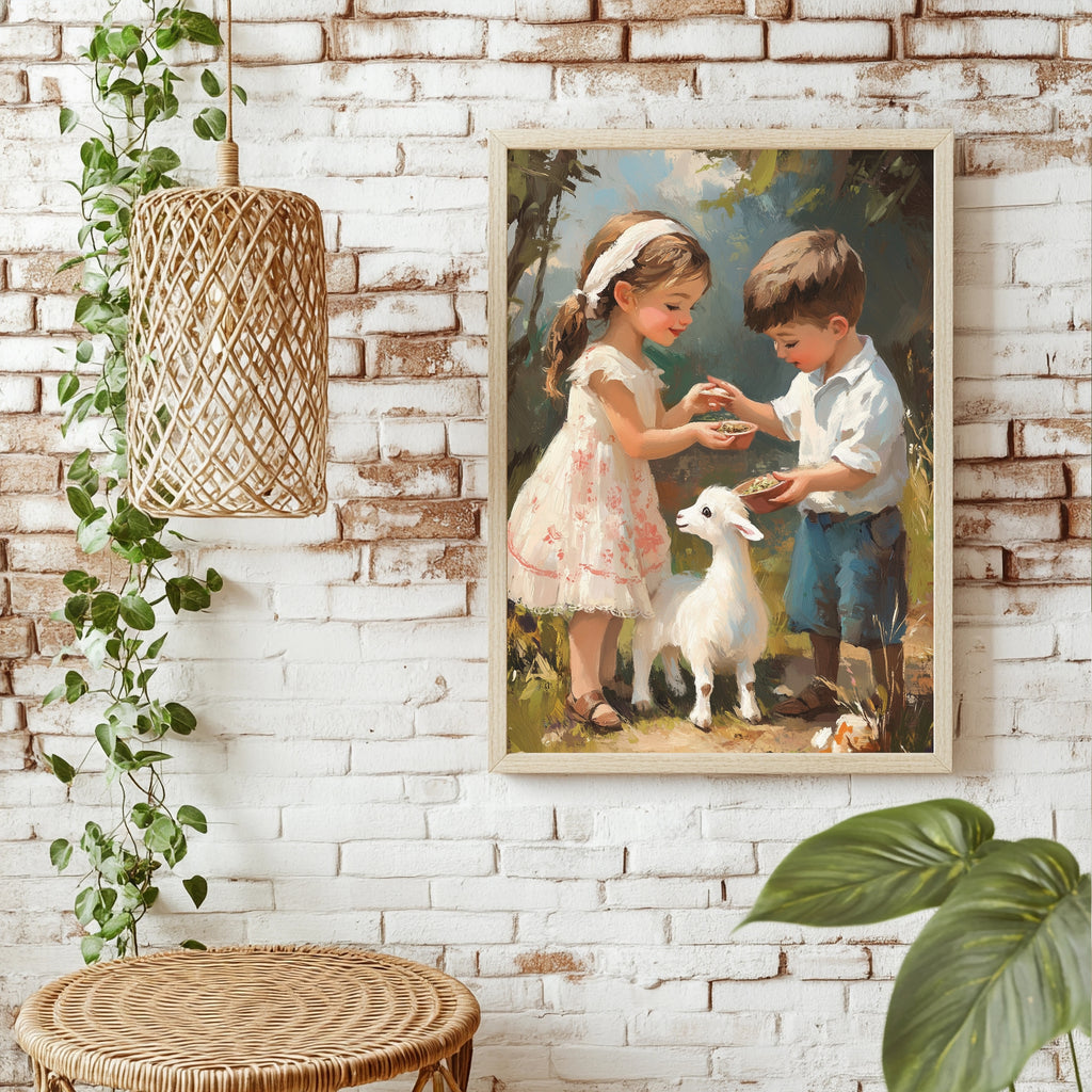 Kinder füttern eine Ziege Poster – Raumansicht 1
