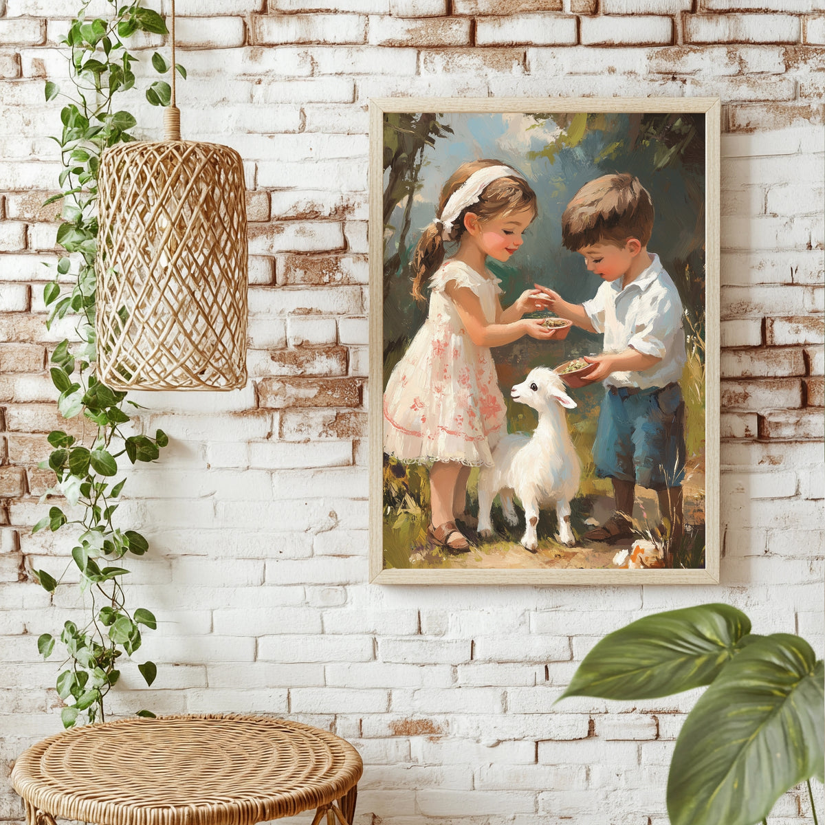 Kinder füttern eine Ziege Poster – Raumansicht 1
