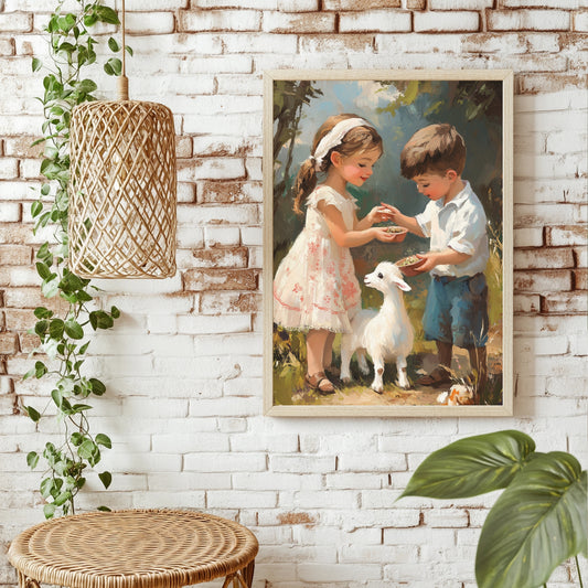 Kinder füttern eine Ziege Poster – Raumansicht 1