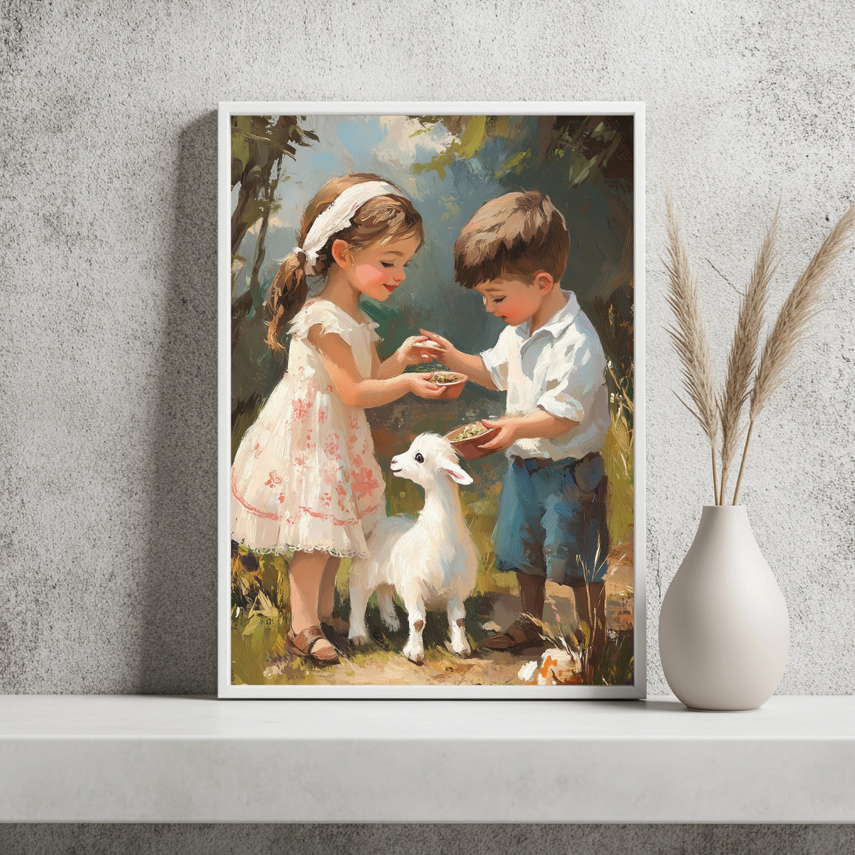 Kinder füttern eine Ziege Poster – Raumansicht 2