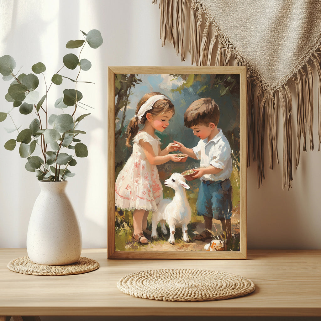 Kinder füttern eine Ziege Poster – Raumansicht 3