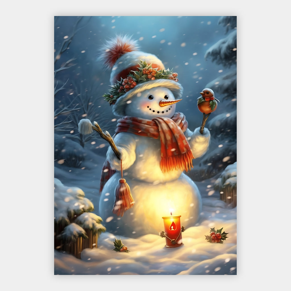 Schneemann mit Rotkehlchen Poster – Freisteller