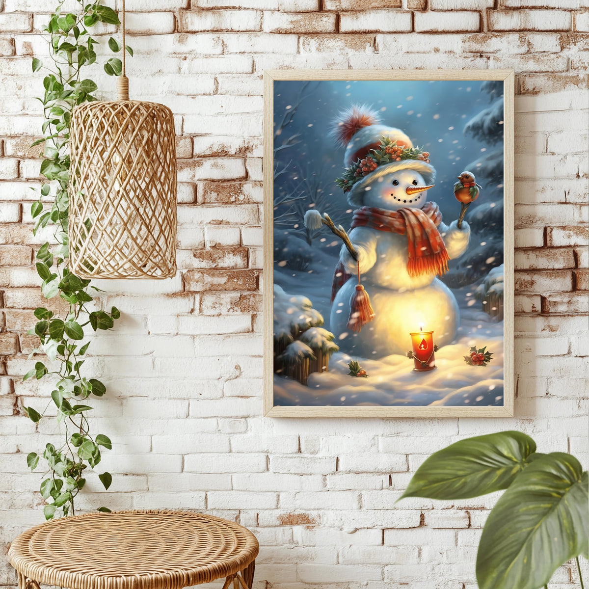 Schneemann mit Rotkehlchen Poster – Raumansicht 1