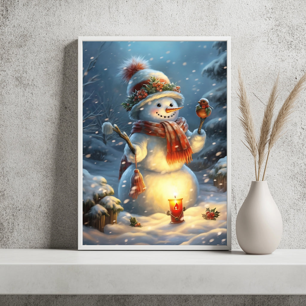 Schneemann mit Rotkehlchen Poster – Raumansicht 2