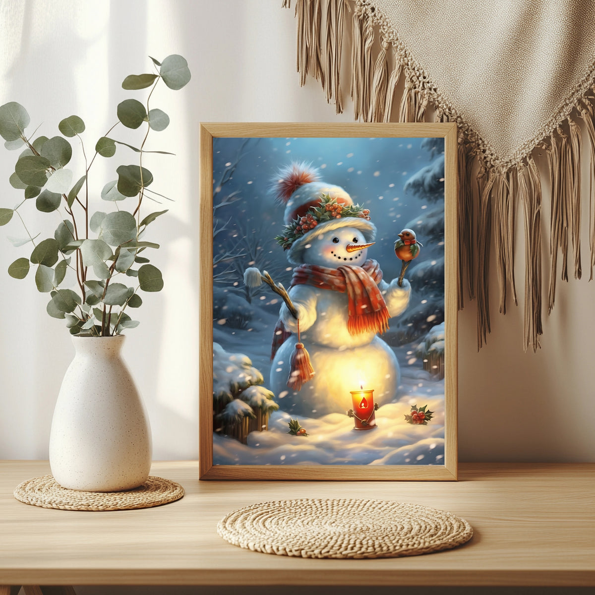 Schneemann mit Rotkehlchen Poster – Raumansicht 3